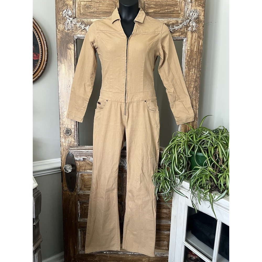 Vintage 90s FUBU‎ Tan Stretch Denim Jumpsuit Straight Leg V Neck Womens 11/12